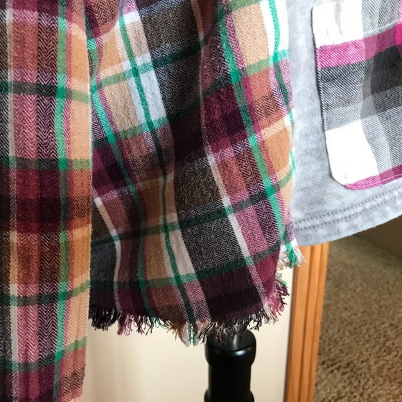 Patchwork Hoodie, Plus Size XL-2X: Upcycled Gray Magenta Plaid Boho Jacket - Picture 5 of 15